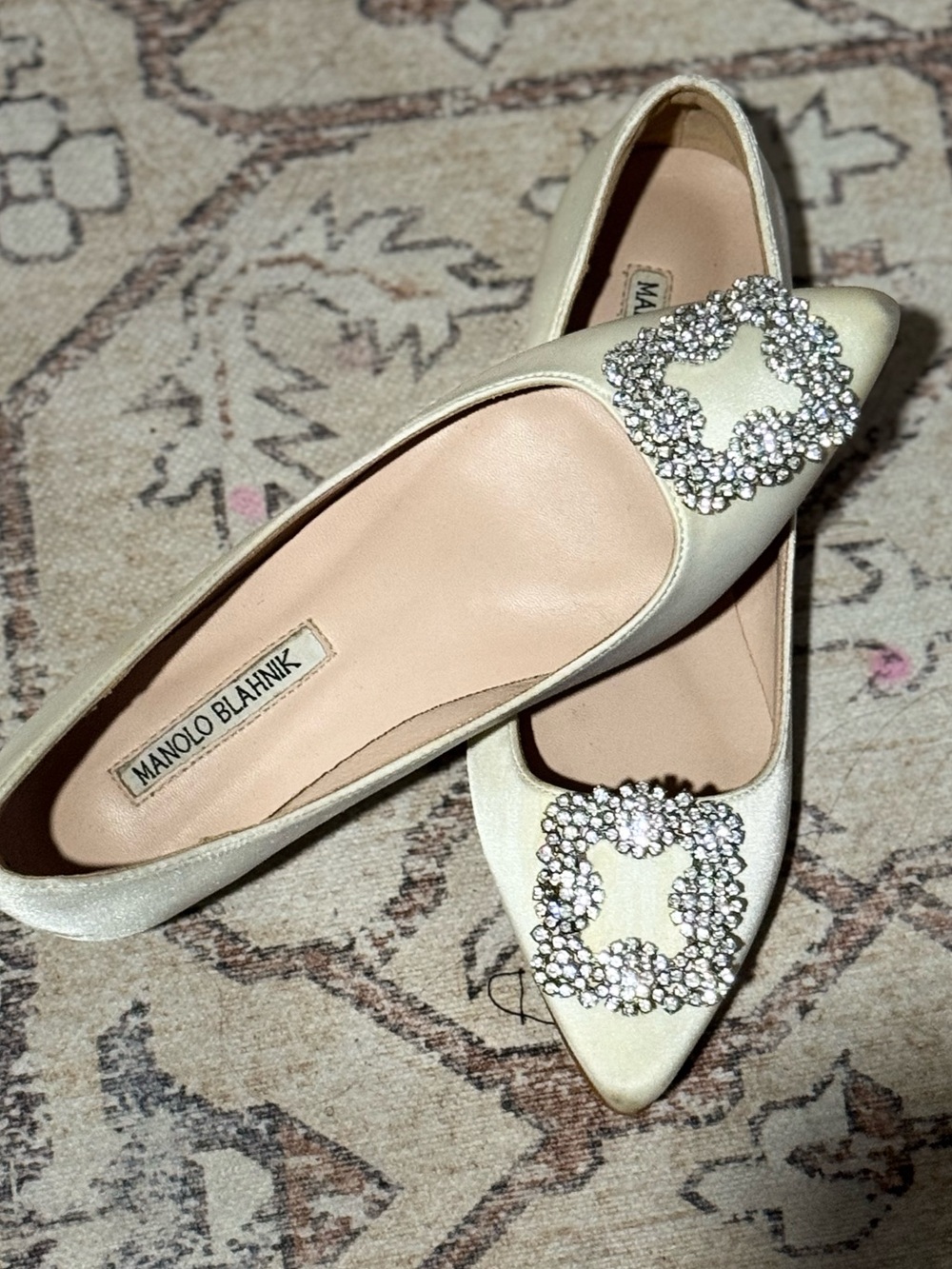 Manolo Blahnik HANGISIFLAT Light Cream Satin Jewel Buckle Flat Pumps